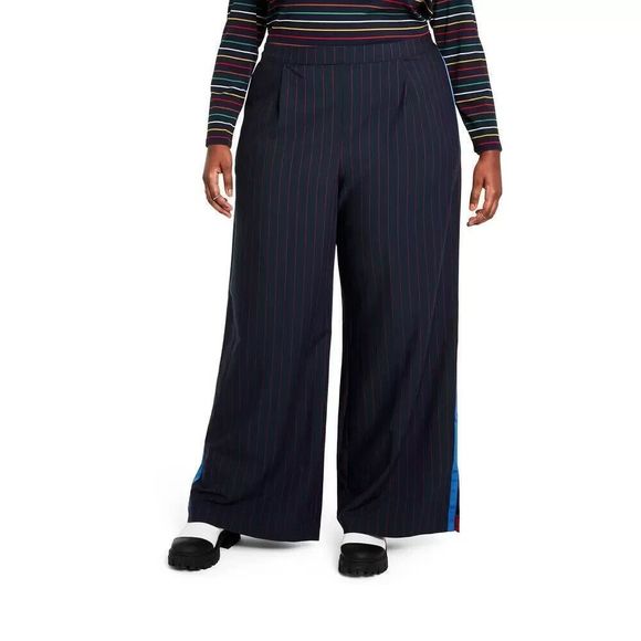 Women's Plus Size Side Stripe Wide Leg Trousers - La Ligne x Target Navy/Red 3X - Picture 1 of 3